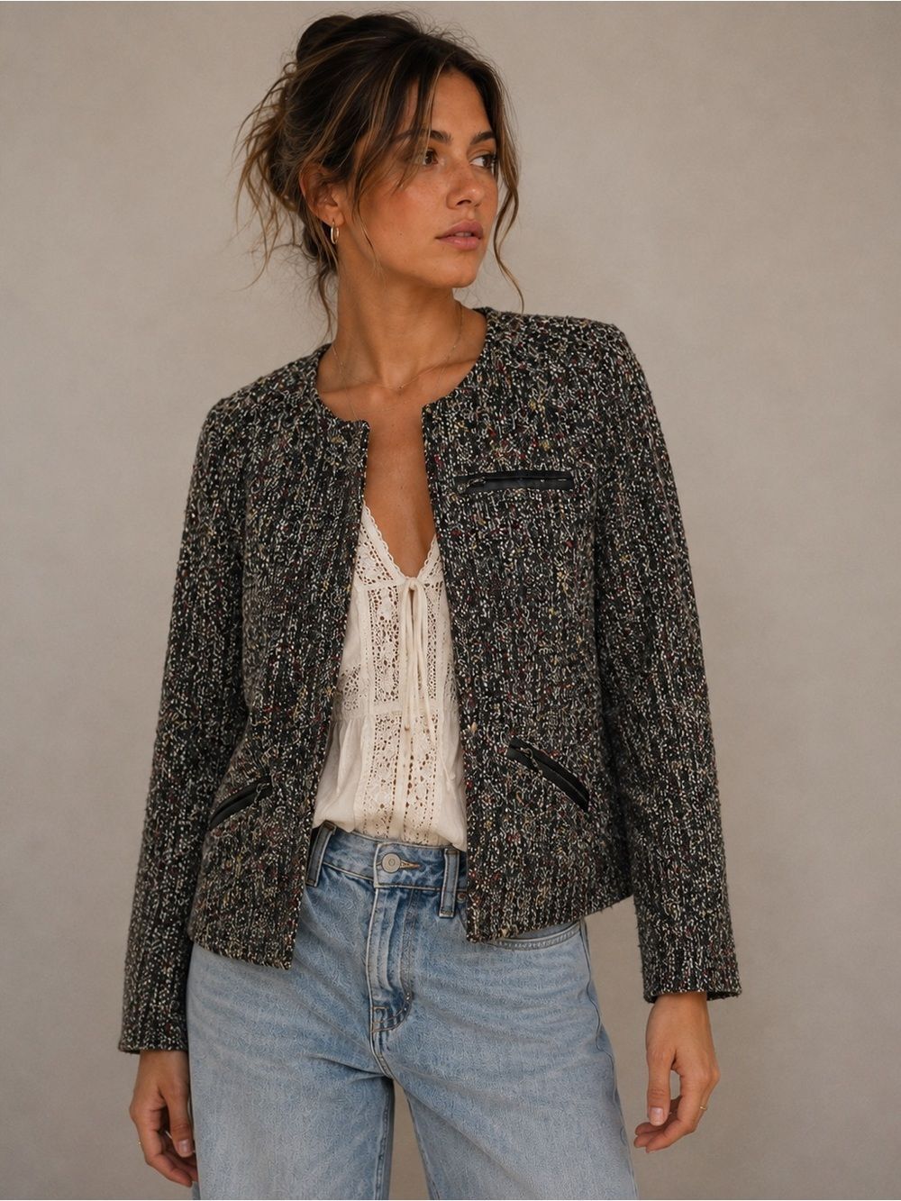 Sanctuary Tweed Jacket XS Gray Boucle Zip Pocket Collarless Textured Career Blaz